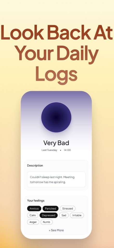 Andy daily logs: look back at mood entries with feelings and notes
