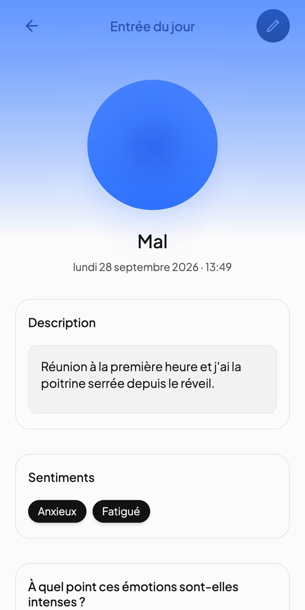 Une entrée quotidienne Andy notée Mal, avec Anxieux et Fatigué, et en dessous une ligne sur une réunion tôt le matin