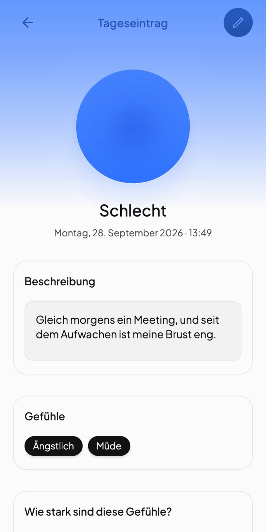 Ein Tageseintrag in Andy, auf Schlecht gesetzt, markiert mit Ängstlich und Müde, darunter ein Satz über ein Meeting am frühen Morgen