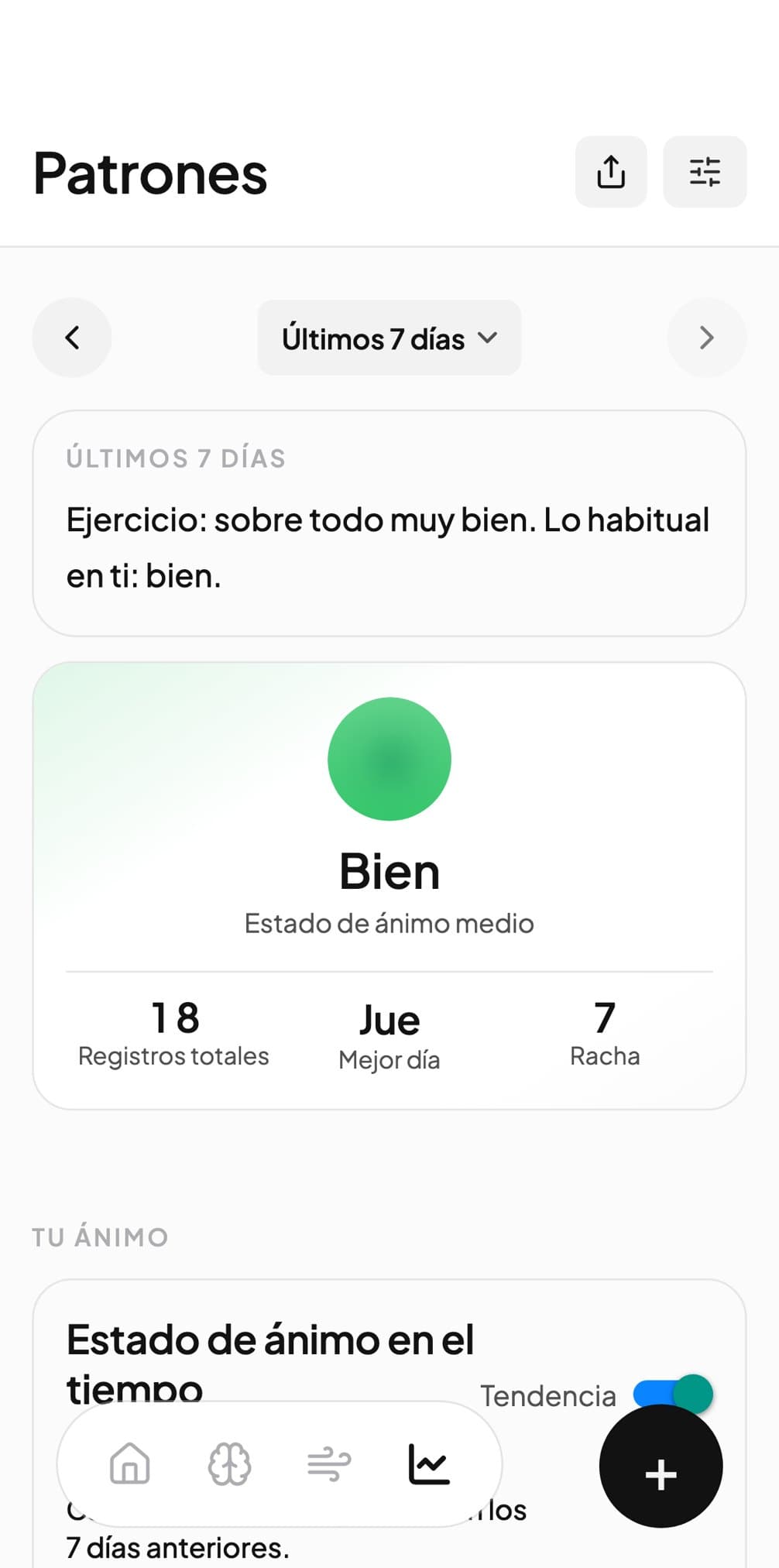La pantalla de Patrones de Andy con los últimos 7 días: estado de ánimo medio, registros, mejor día y racha