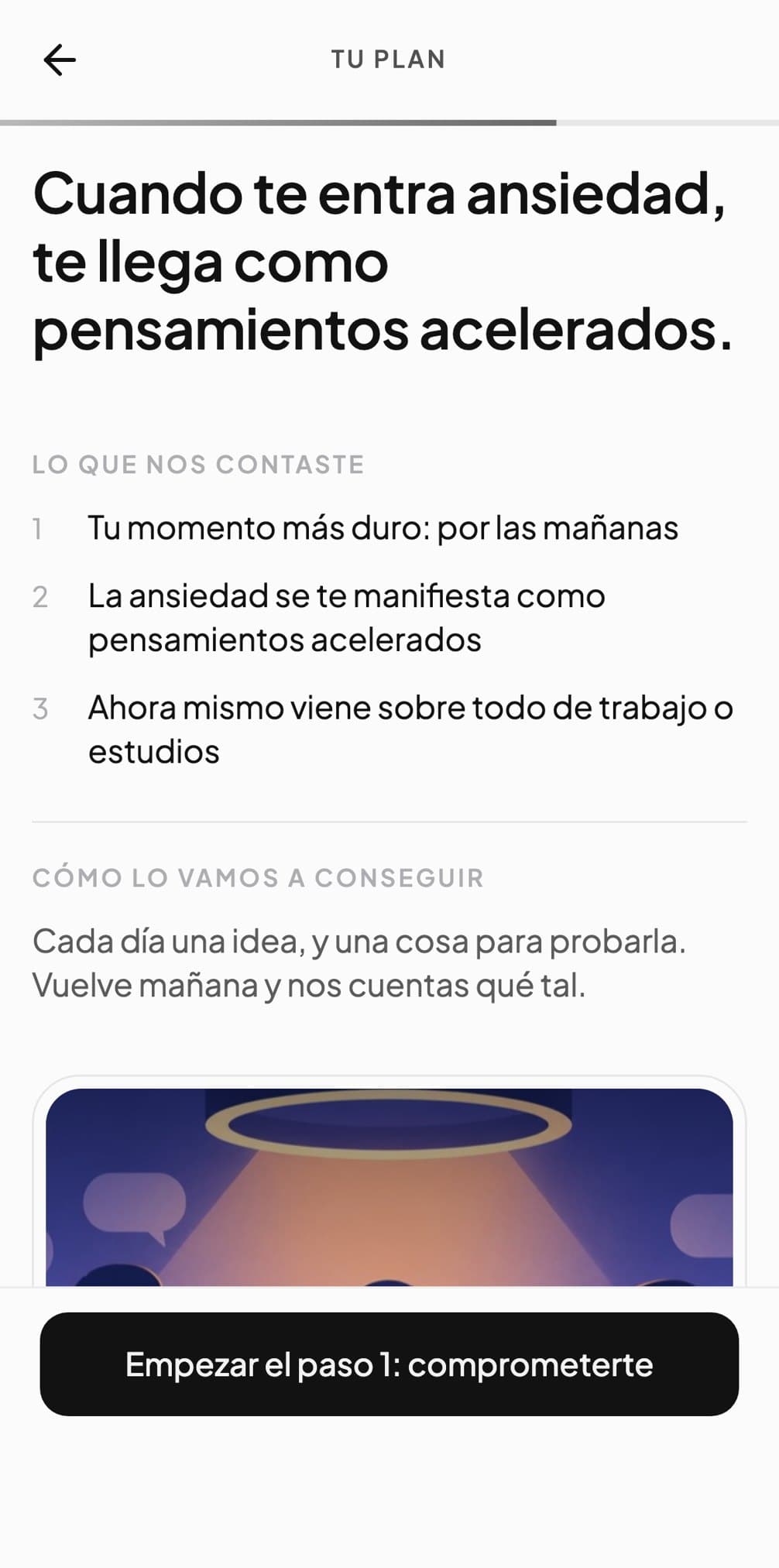 Tu plan en Andy, escrito con tus respuestas: la ansiedad te llega como pensamientos acelerados, sobre todo por las mañanas y por el trabajo