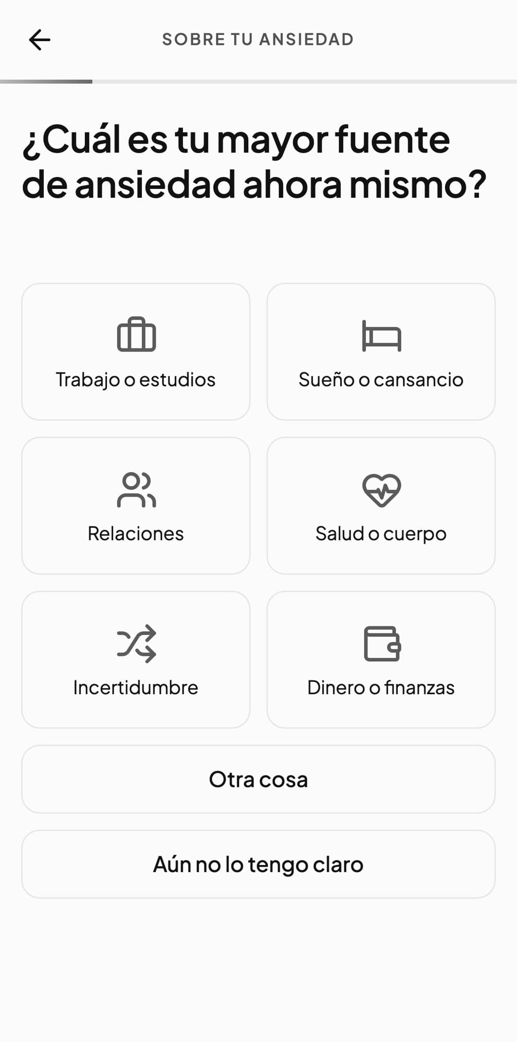 Andy preguntando cuál es ahora mismo tu mayor fuente de ansiedad, con respuestas como trabajo o estudios, sueño, relaciones y dinero