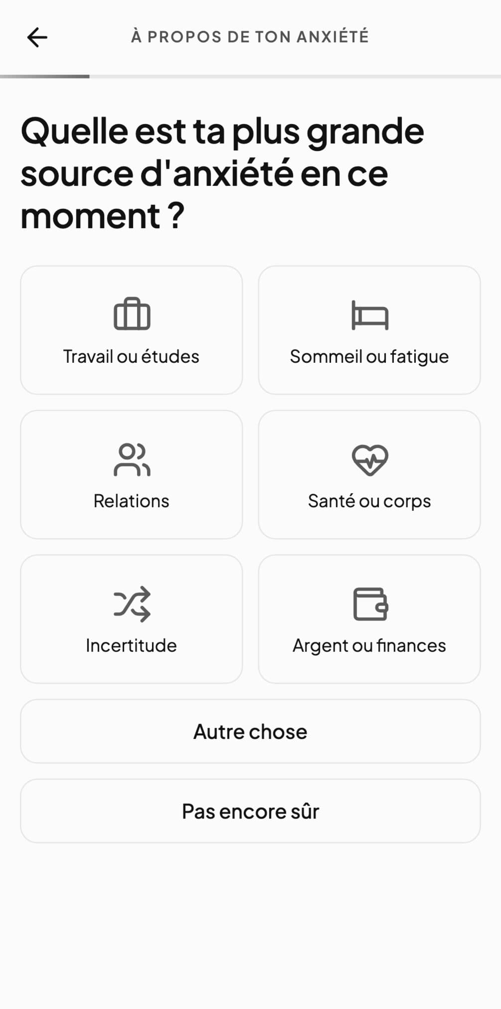 Andy demande quelle est en ce moment la plus grande source d'anxiété, avec des réponses comme le travail, le sommeil, les relations et l'argent