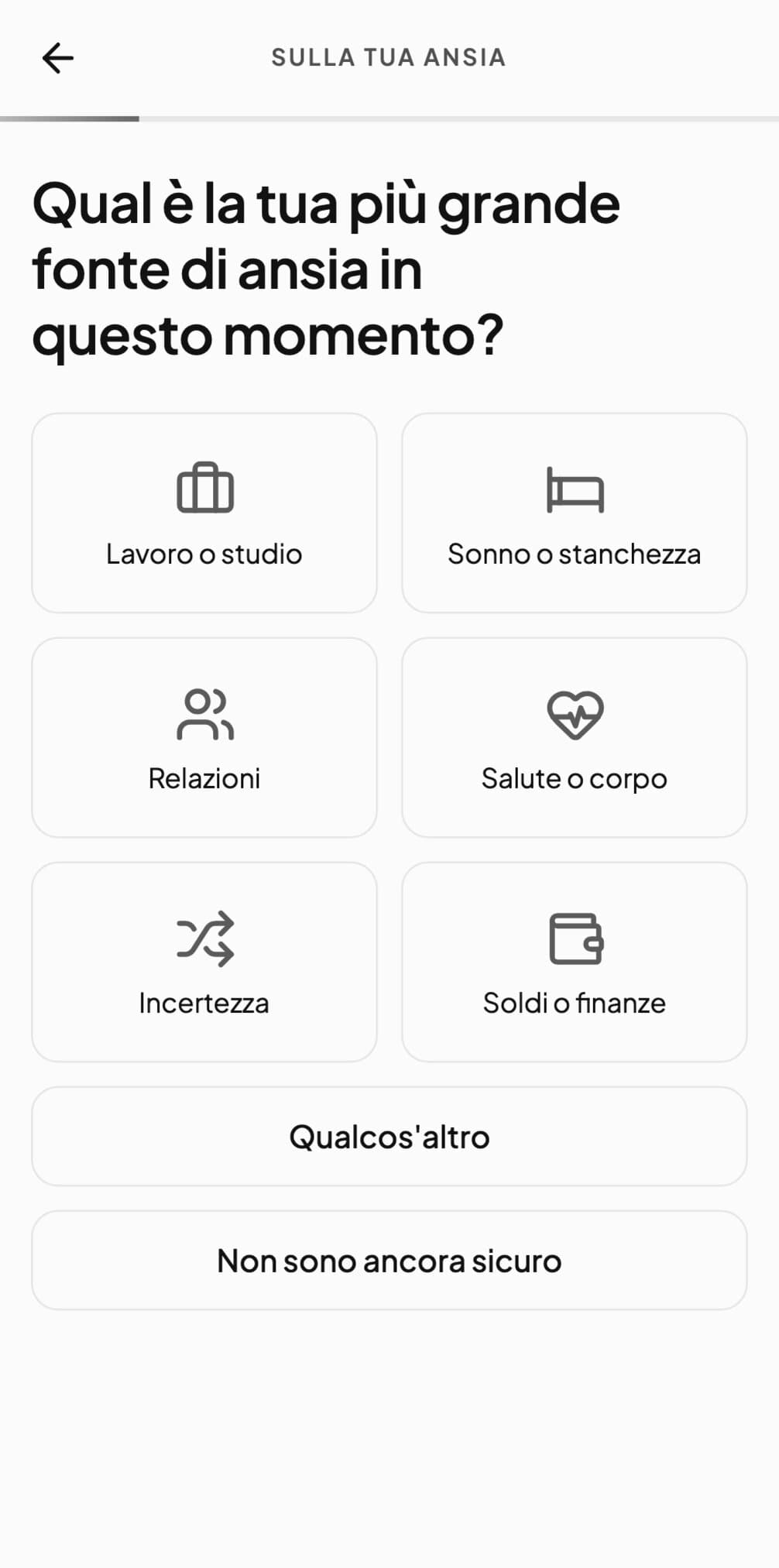 Andy che chiede quale sia adesso la fonte principale di ansia, con risposte come lavoro, sonno, relazioni e soldi