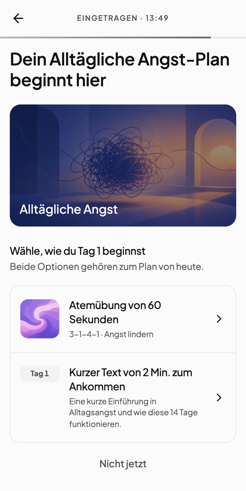 Tag 1 eines Alltagsangst-Plans in Andy: eine 60-Sekunden-Atemübung oder ein zweiminütiger Text zum Erden