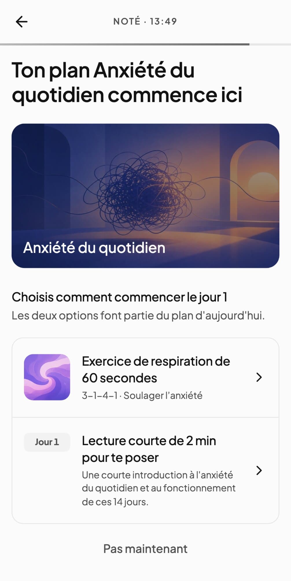 Jour 1 d'un plan sur l'anxiété du quotidien dans Andy : un exercice de respiration de 60 secondes ou une lecture d'ancrage de deux minutes