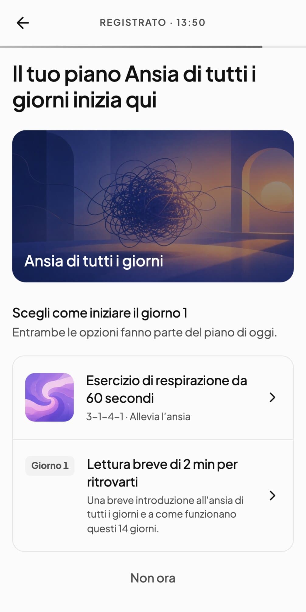 Giorno 1 di un piano sull'ansia quotidiana in Andy: un esercizio di respirazione da 60 secondi o una lettura di due minuti per radicarti