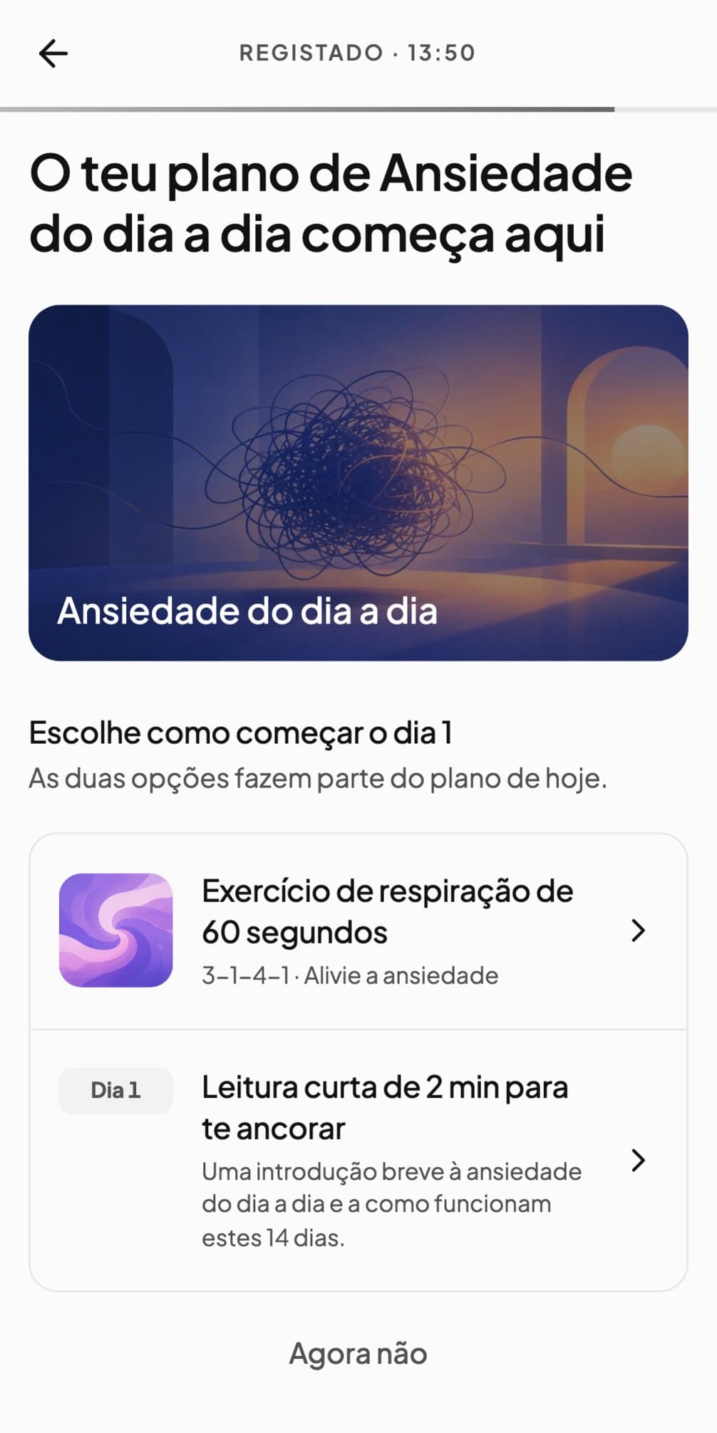 Dia 1 de um plano de ansiedade do dia a dia no Andy: um exercício de respiração de 60 segundos ou uma leitura de dois minutos para ancorar