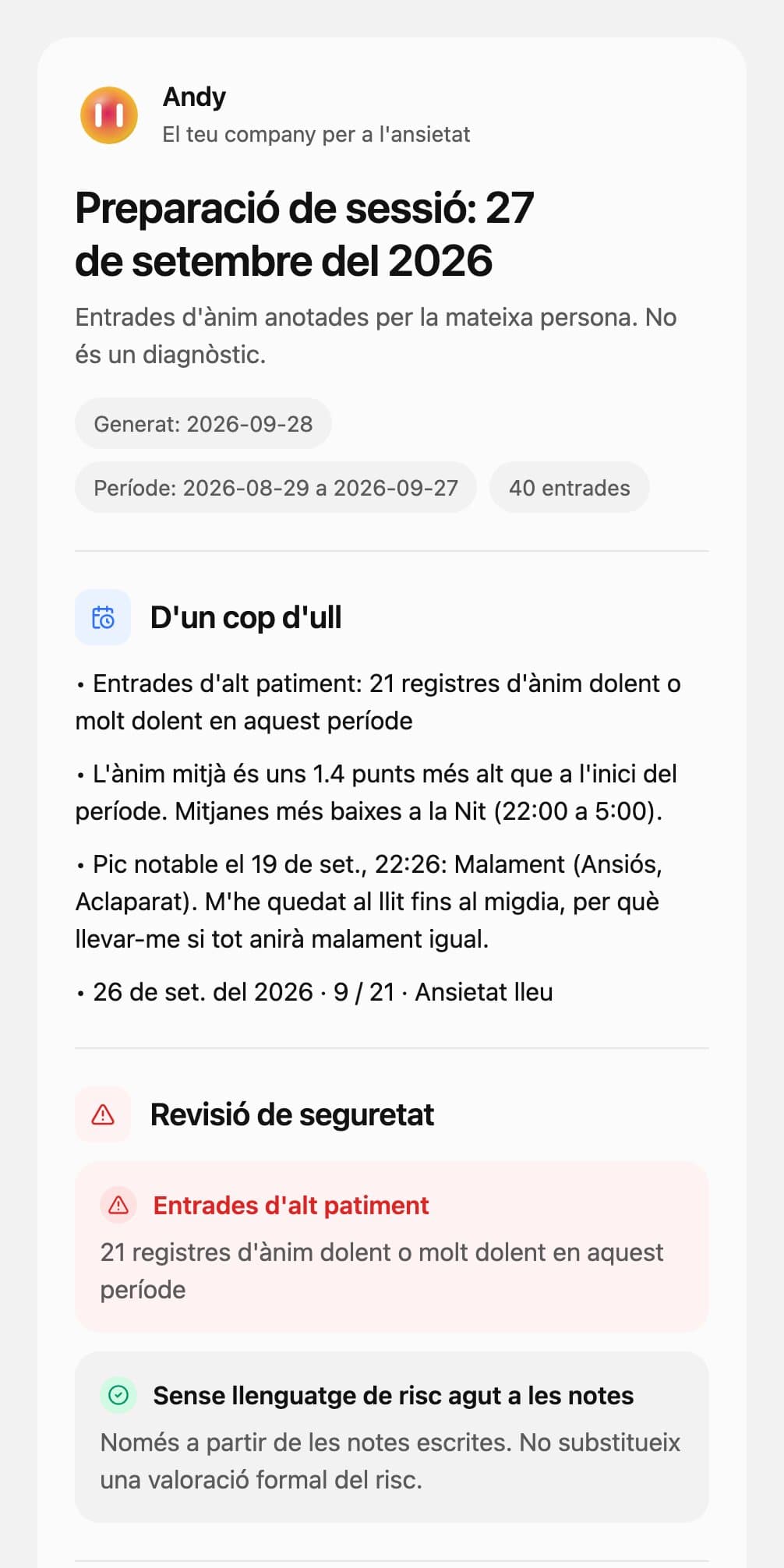 Primera pàgina d'un informe de sessió de l'Andy: revisió de seguretat, què ha passat des de l'última sessió i les primeres observacions