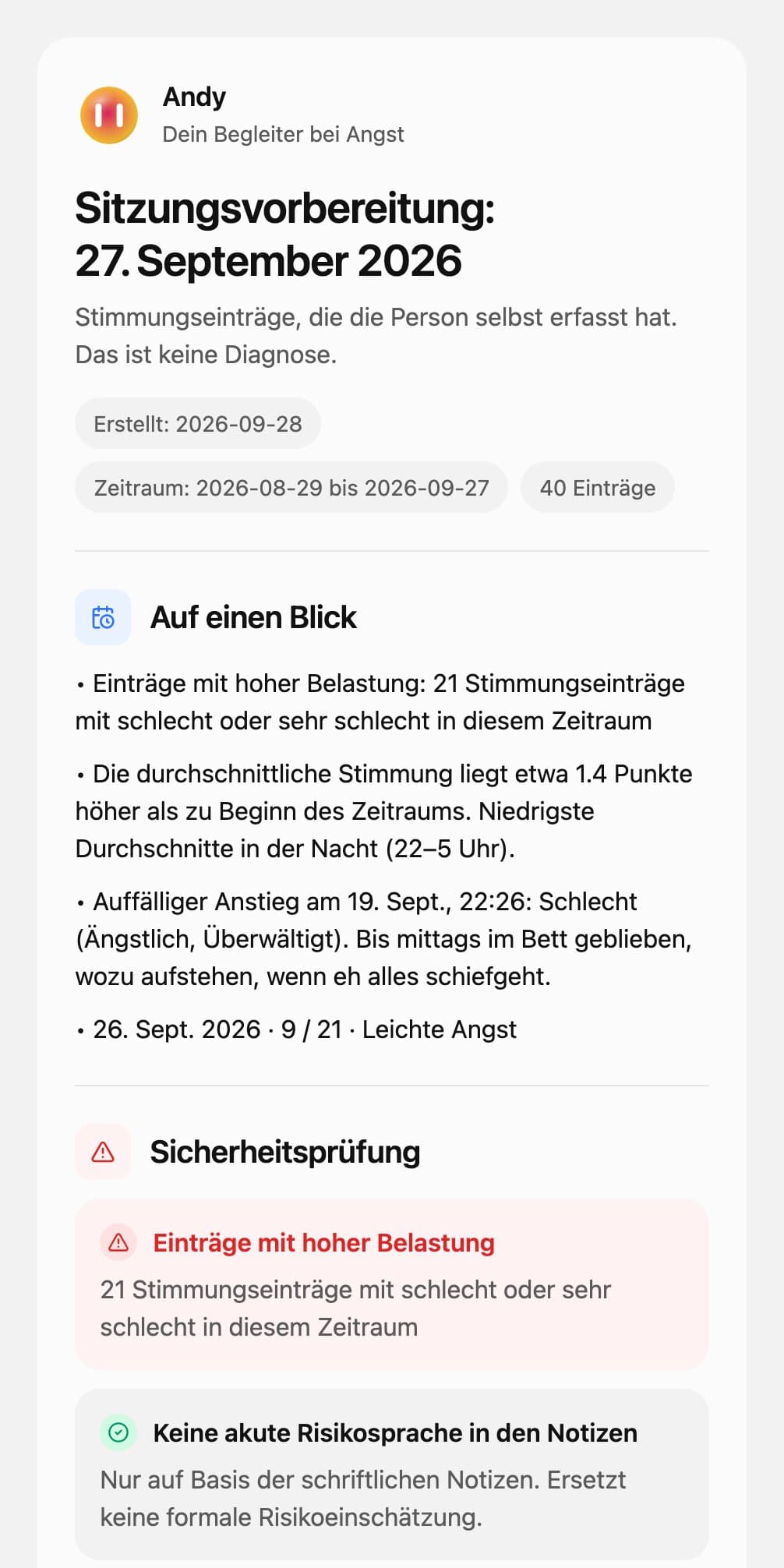 Die erste Seite eines Andy-Sitzungsberichts: Sicherheitscheck, was seit der letzten Sitzung passiert ist, und die ersten Beobachtungen