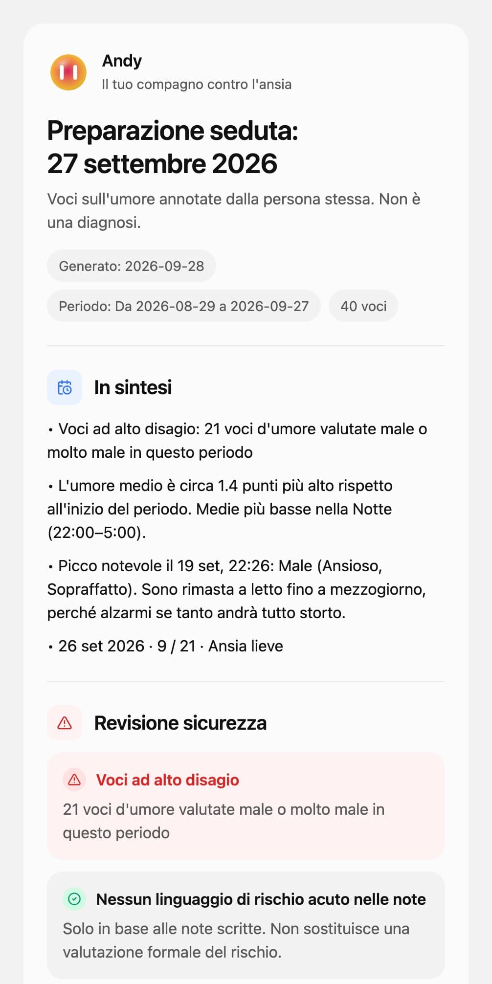 La prima pagina di un report di seduta di Andy: verifica della sicurezza, cosa è successo dall'ultima seduta e le prime osservazioni