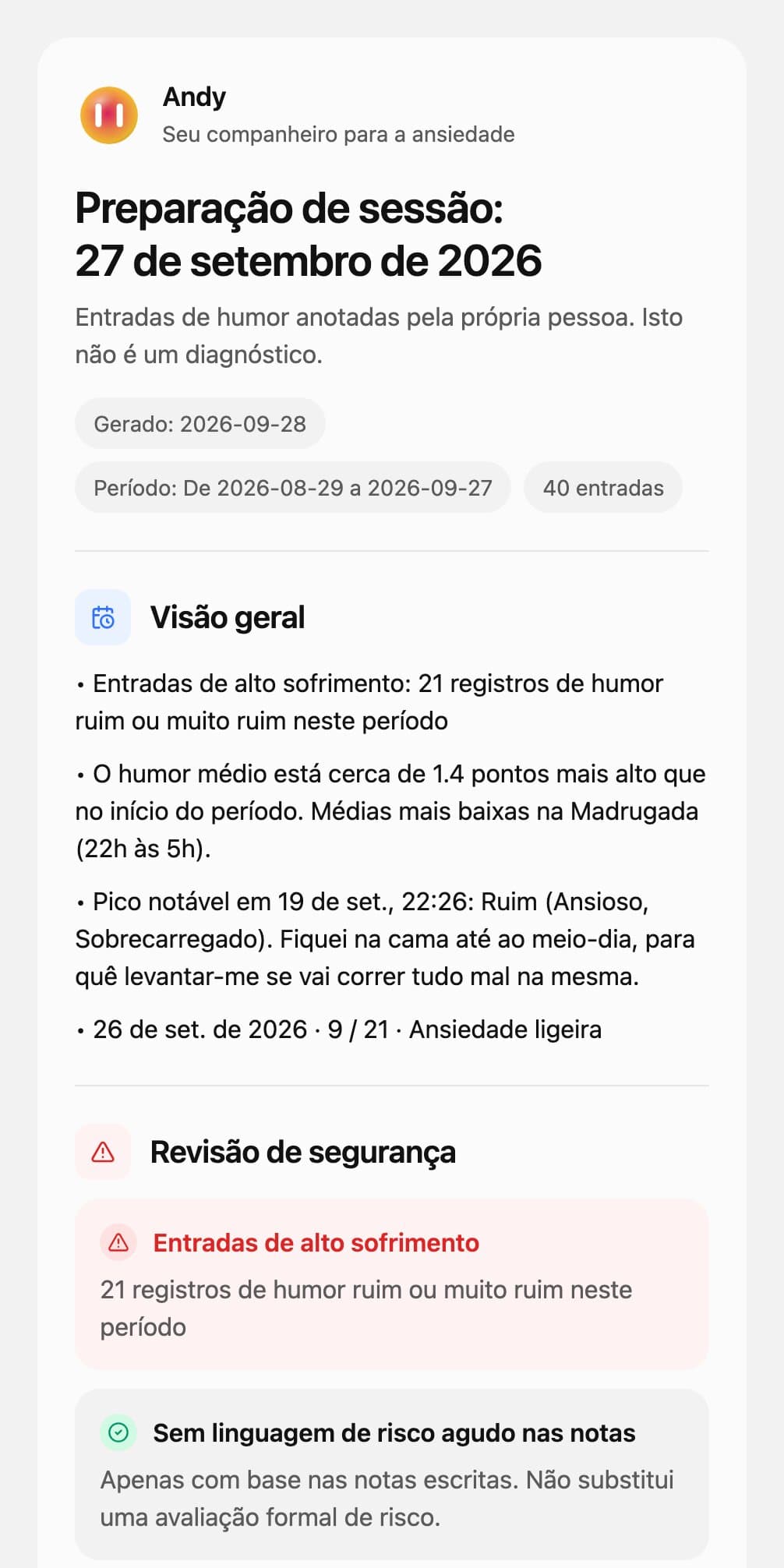 A primeira página de um relatório de sessão do Andy: revisão de segurança, o que aconteceu desde a última sessão e as primeiras observações